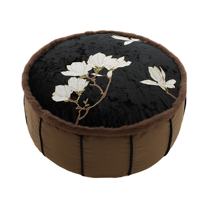 Runder gestickter Samt-Bodensitzpouf mit Kunstfell‑Borte und Griff Brehn