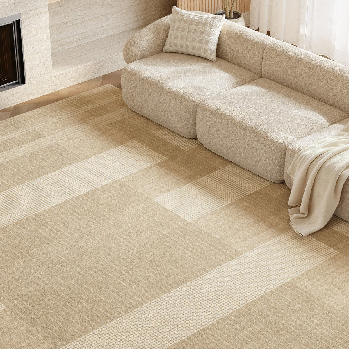 Modern Low-Pile Geometric Area Rug with Subtle Striped Border