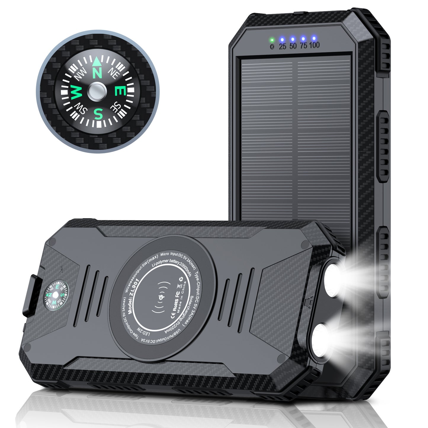 Solarbetriebene Powerbank mit Integriertem Kompass und LED-Beleuchtung Brehn