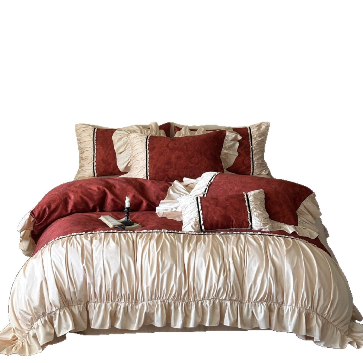 Elegante Rüschen-Bettgarnitur im Vintage-Stil mit Jacquard-Dekor und Volant