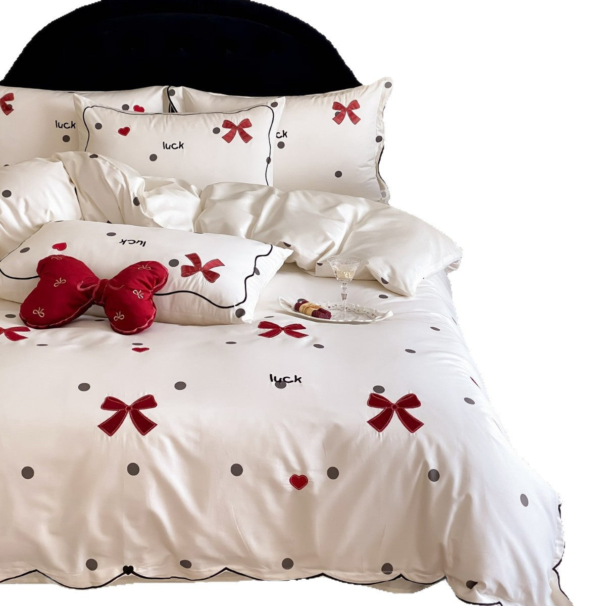 Dekorative Baumwollsatin Bettbezug Set mit gesticktem Schleifen- und Punktemuster