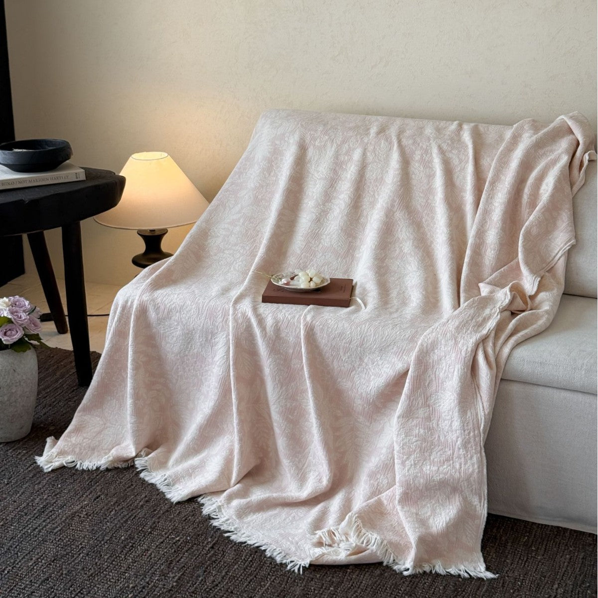 Wendbare leichte Jacquard Baumwoll-Leinen Decke mit Fransen
