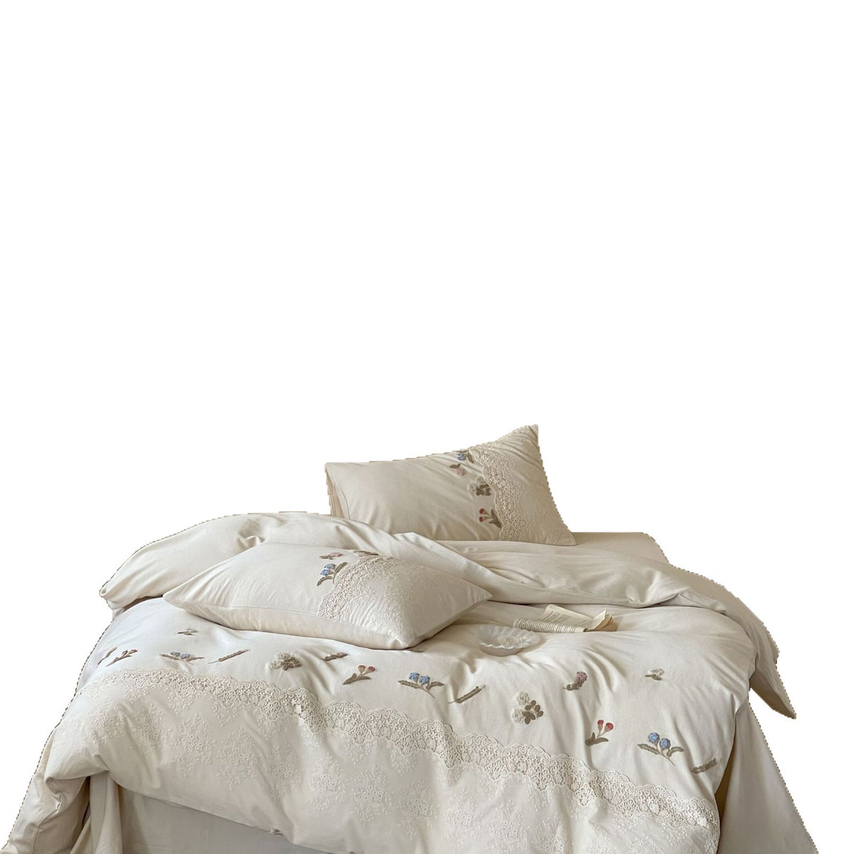 Bestickte Baumwollsatin Bettbezugset mit Spitzenbesatz und botanischer Applikation