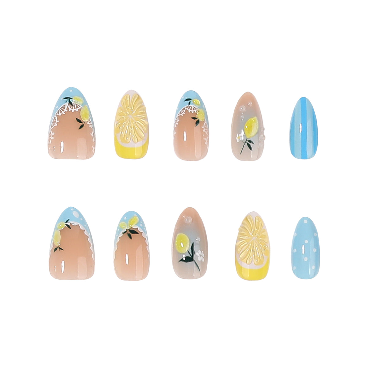 Künstliche Nagelkunst mit Zitronen- und Blütenmotiven Brehn