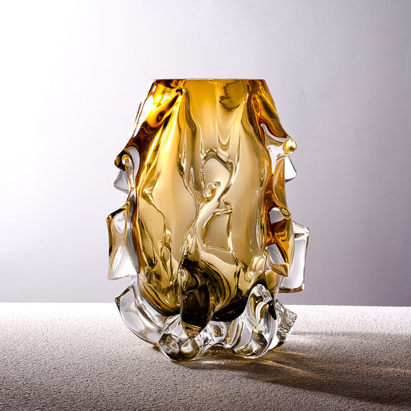 Handgefertigte skulpturale Vase mit geschmolzenem Rand aus dickem Glas Brehn