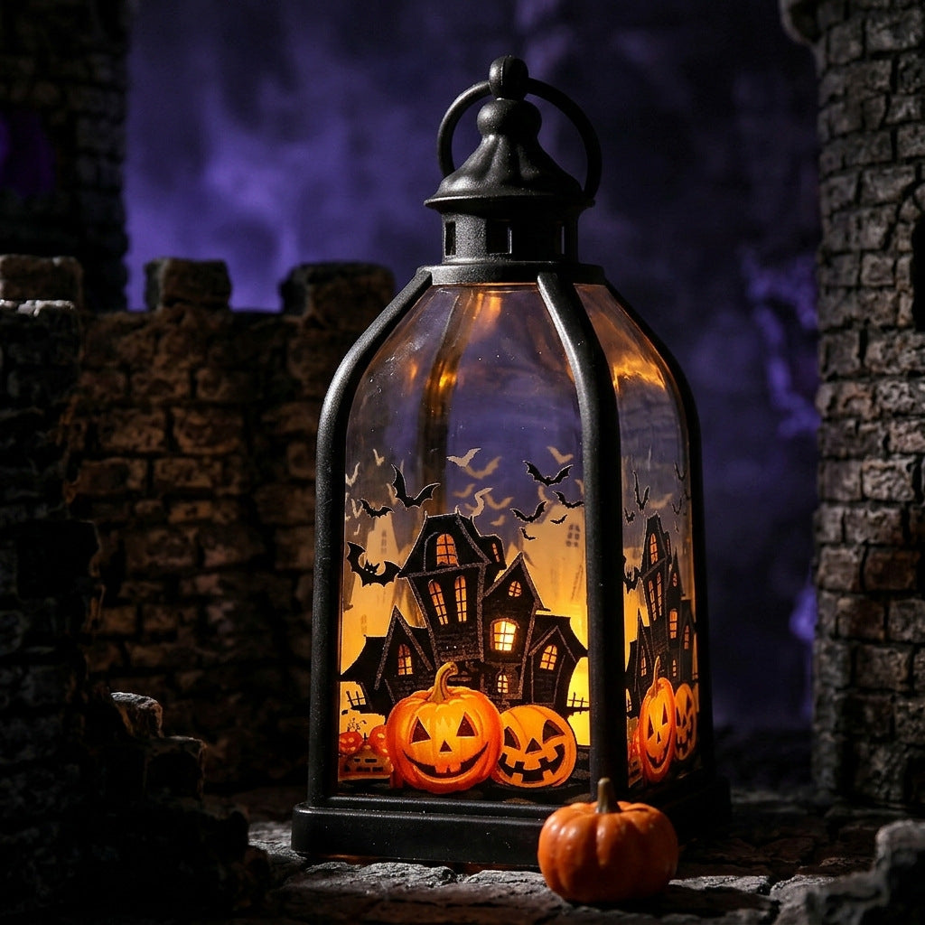 Halloween-Dekolaterne mit LED-Imitatkerze und Skelett-Glaseinsätzen antikoptik
