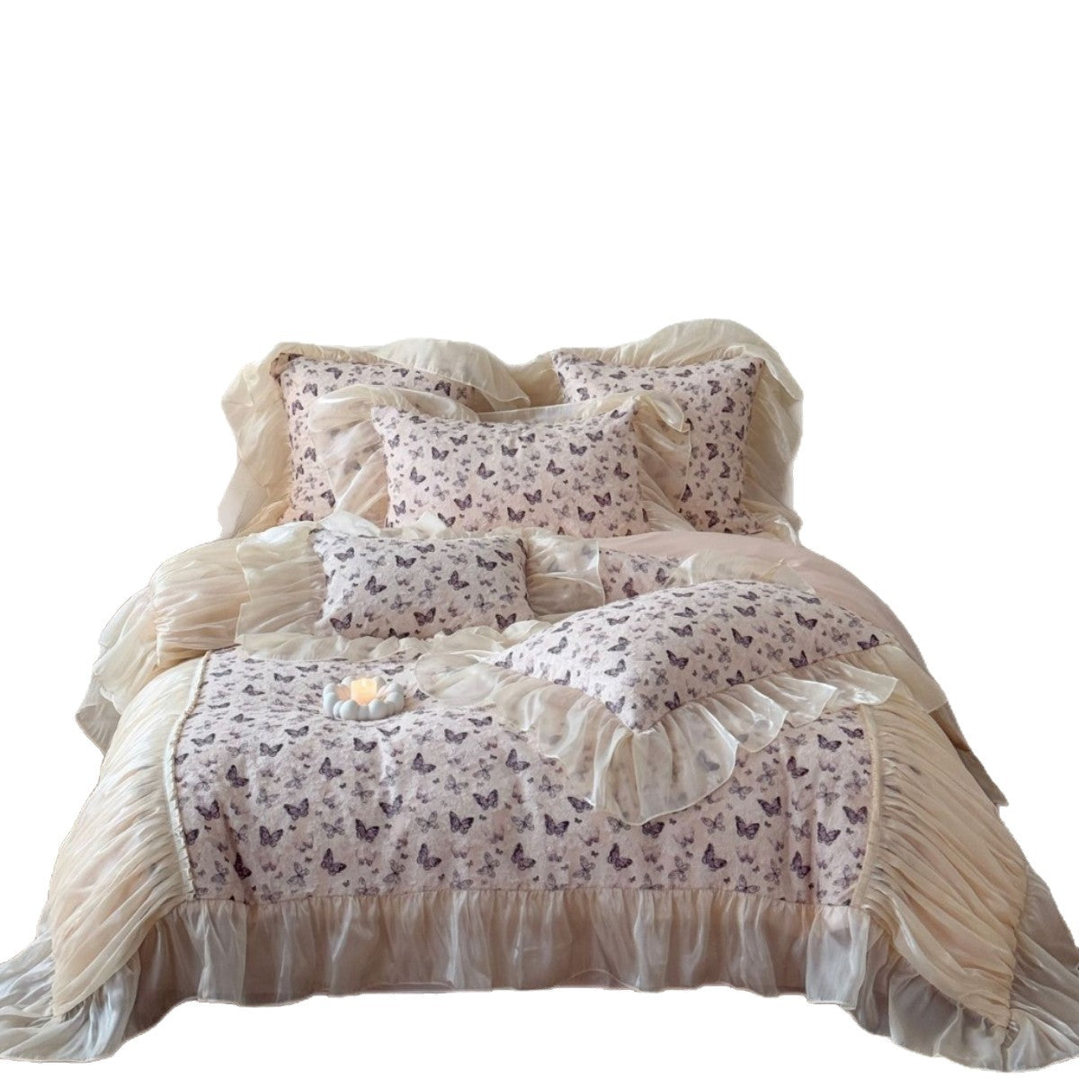 Romantisches Bettwäsche-Set aus Baumwollsatin mit Schmetterlingsprint, Volant und Chiffon-Rüschen
