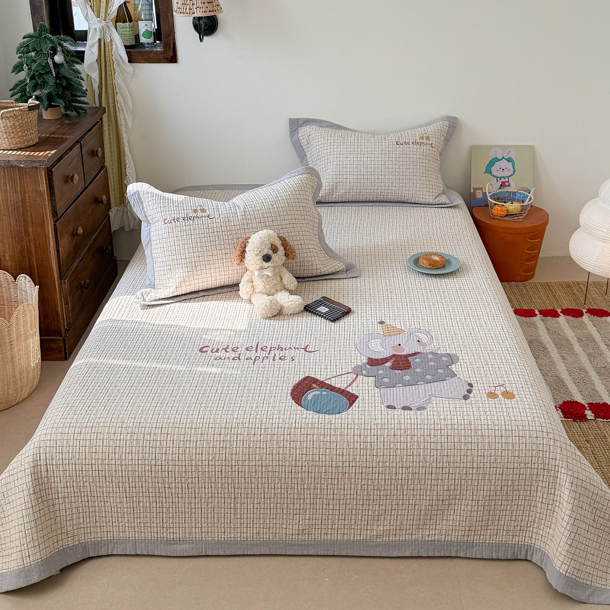 Gestepptes Bunny Applikation Komforter und Kissenbezug Set