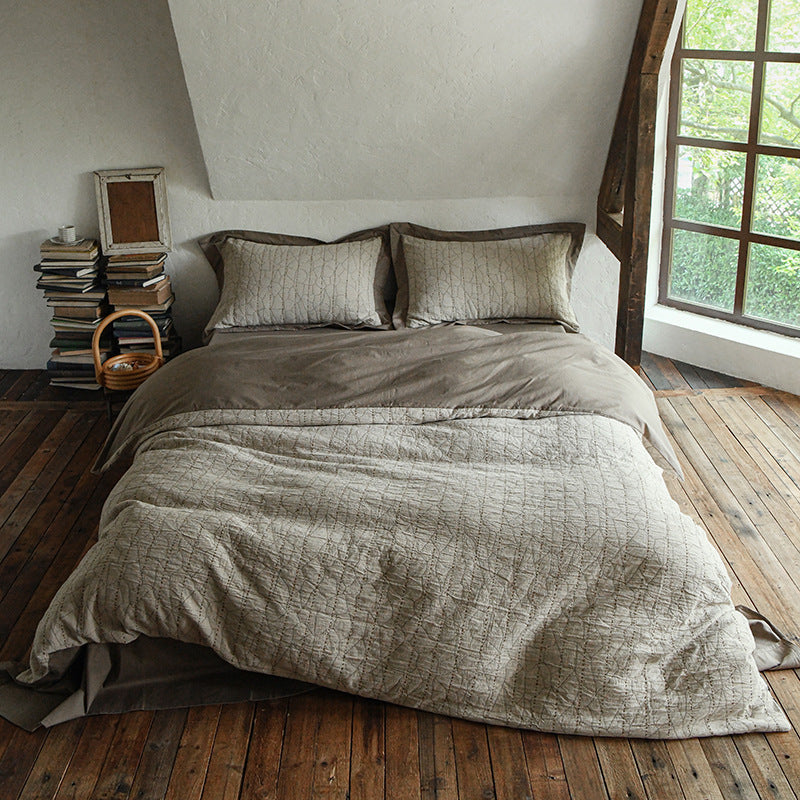Stonewashed Gequiltetes Baumwollbettwäsche-Set mit Minimalistischem Rippstich