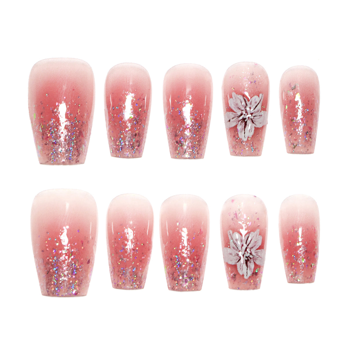 Künstliche Nagelverlängerungen mit floralem Design und Glitzerakzenten Brehn