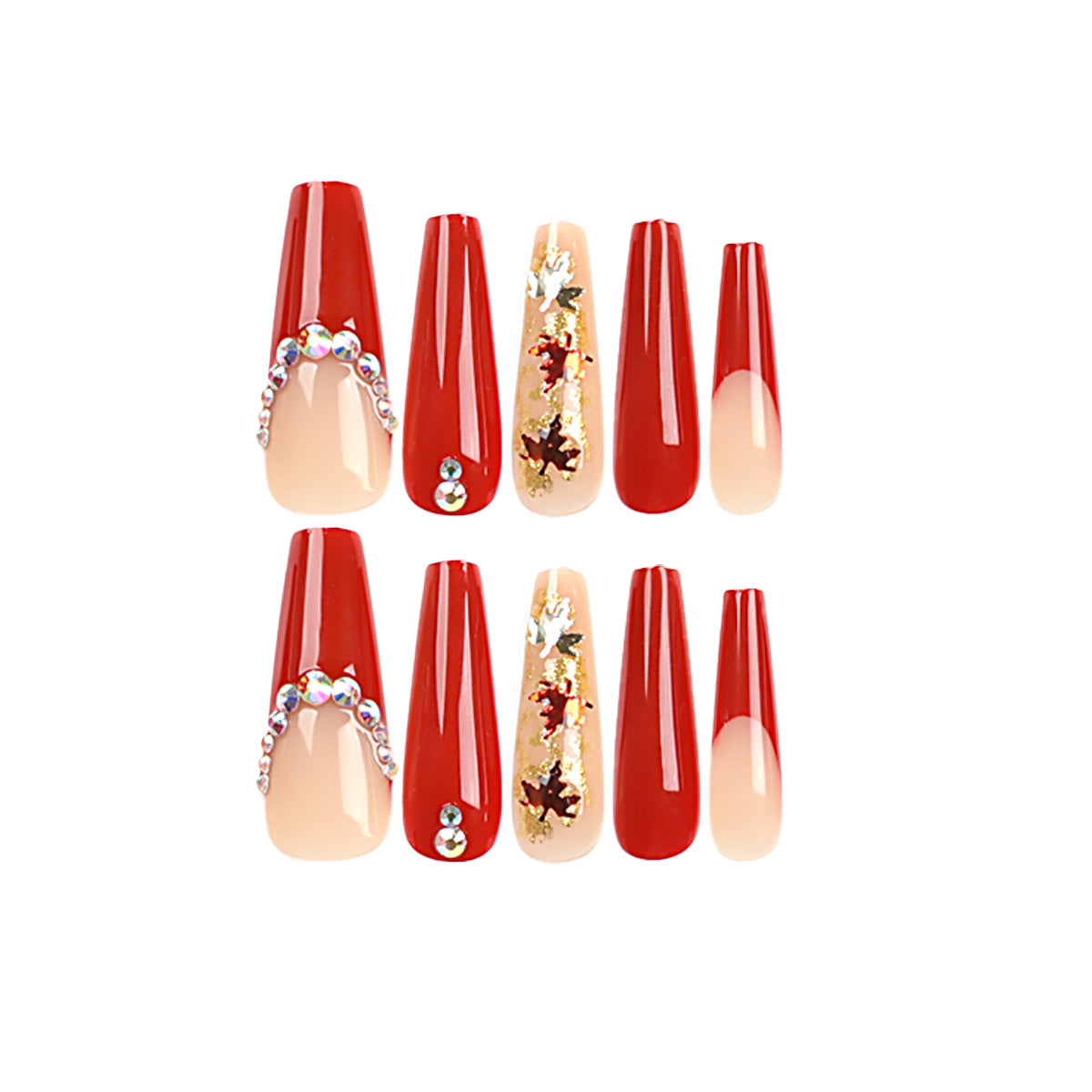 Glamouröse Acryl-Nägel mit Blätter-Design und Glitzerakzenten Brehn
