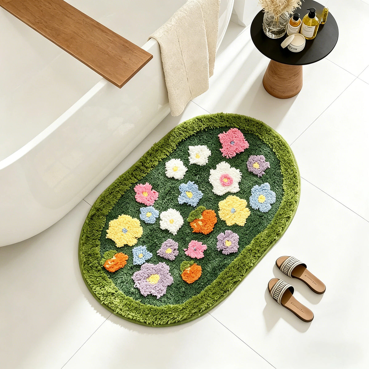 Blumenverzierte Badematte