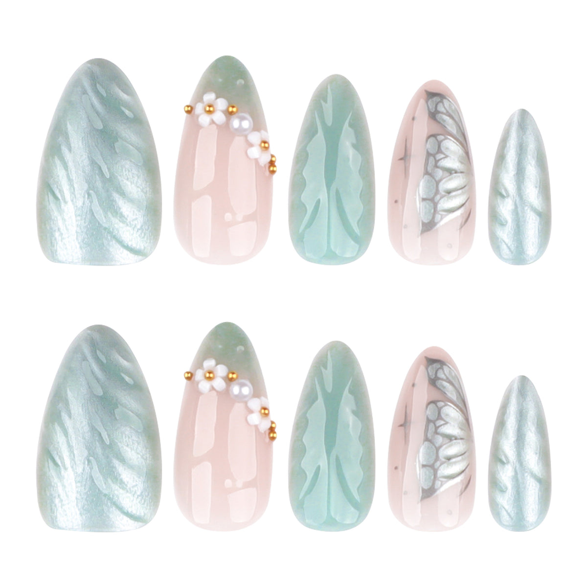 Kunstvolle Stiletto-Nägel mit floralem und dekorativem Design Brehn