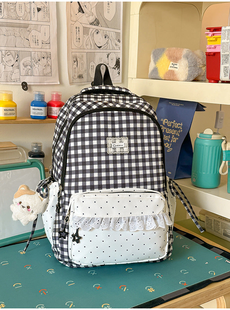 Niedlicher kariert gemusterter Mehrfach-Taschen-Schulrucksack