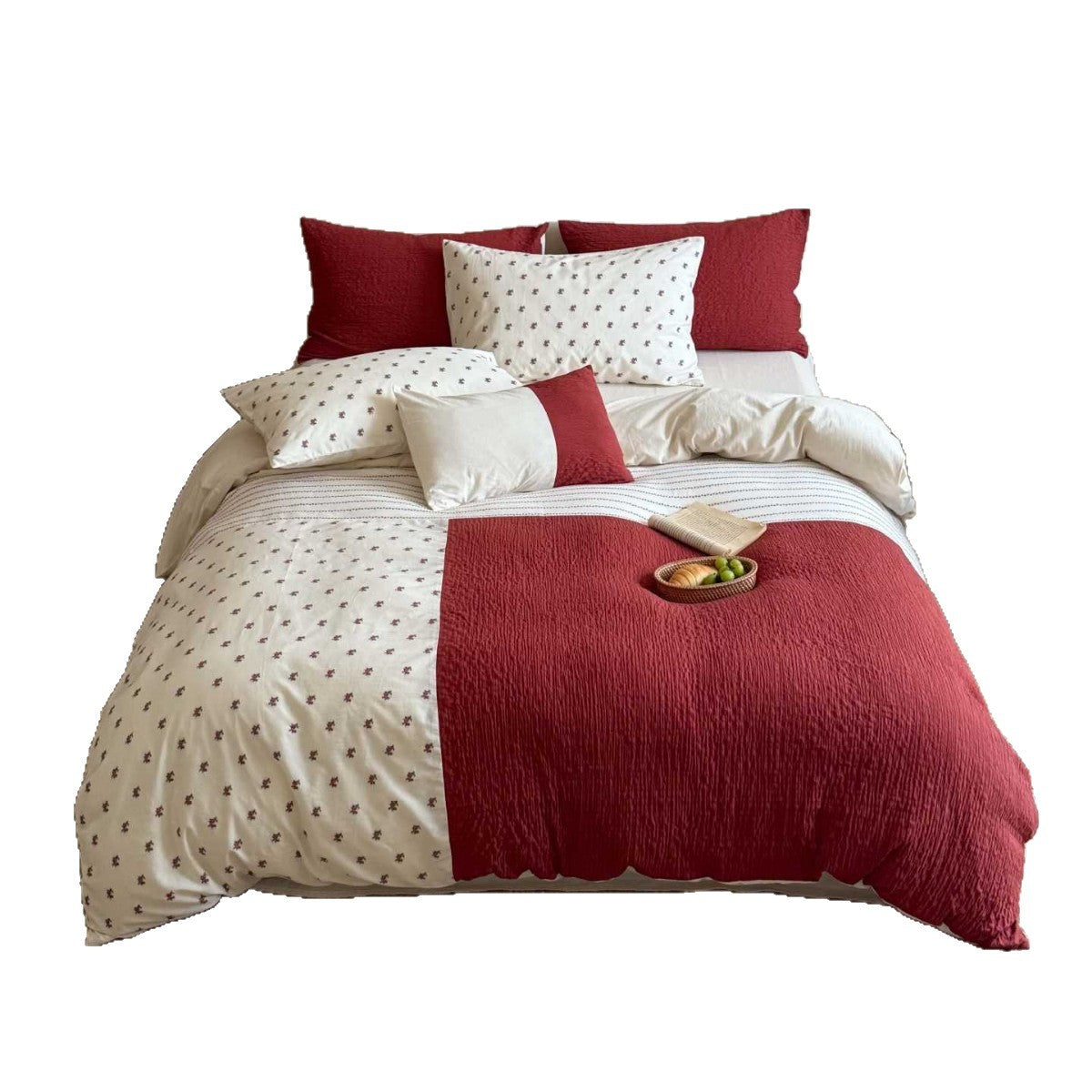 Umkehrbare Baumwoll-Leinen-Patchwork-Bettbezug-Set mit Mini-Blumenmuster und strukturiertem Steppdesign