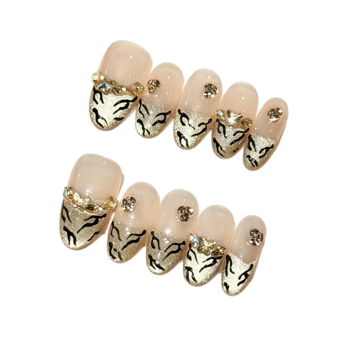 Künstlerisches Press-On Nagelkunst Set mit luxuriösen Gold- und Schwarzmotiven