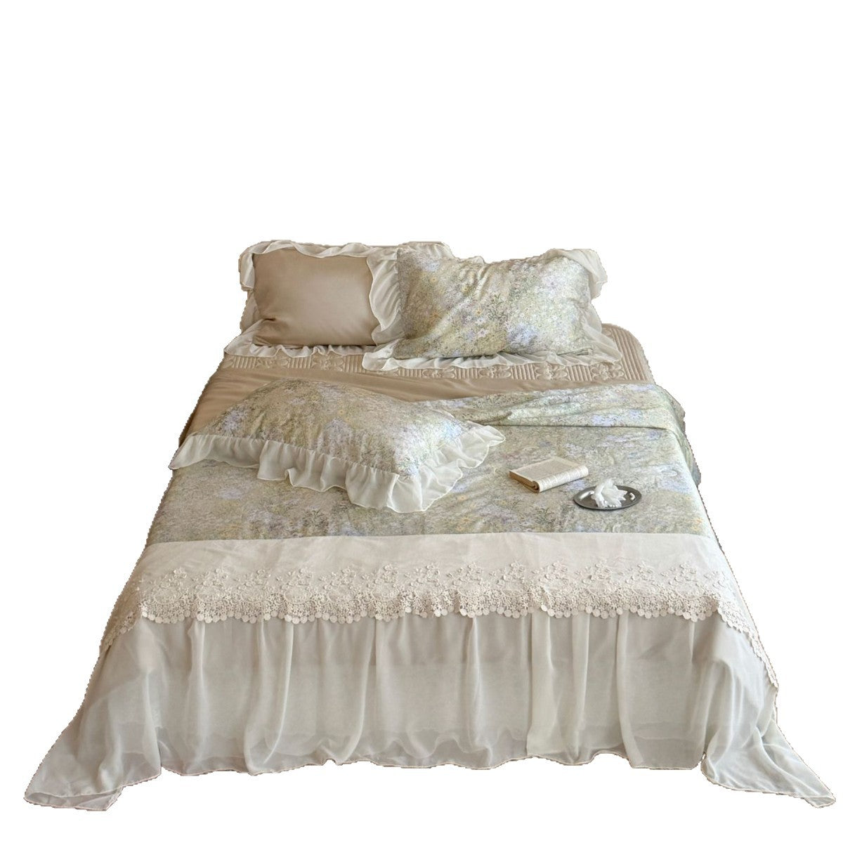 Romantisches Satin-Bettwäsche-Set mit Rüschen- und Spitzenbesatz