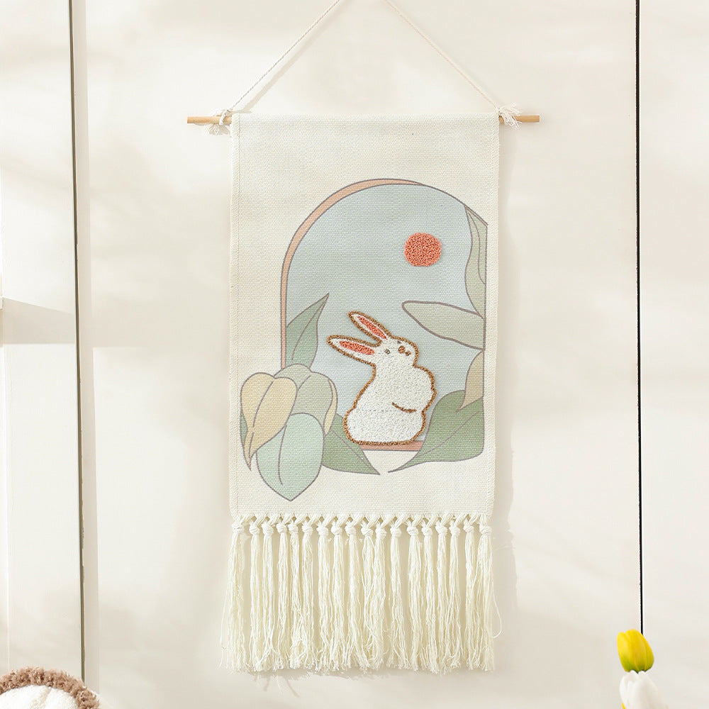Wandbehang aus gewebter Baumwolle mit Punch-Needle Blumenrelief und Fransen Brehn