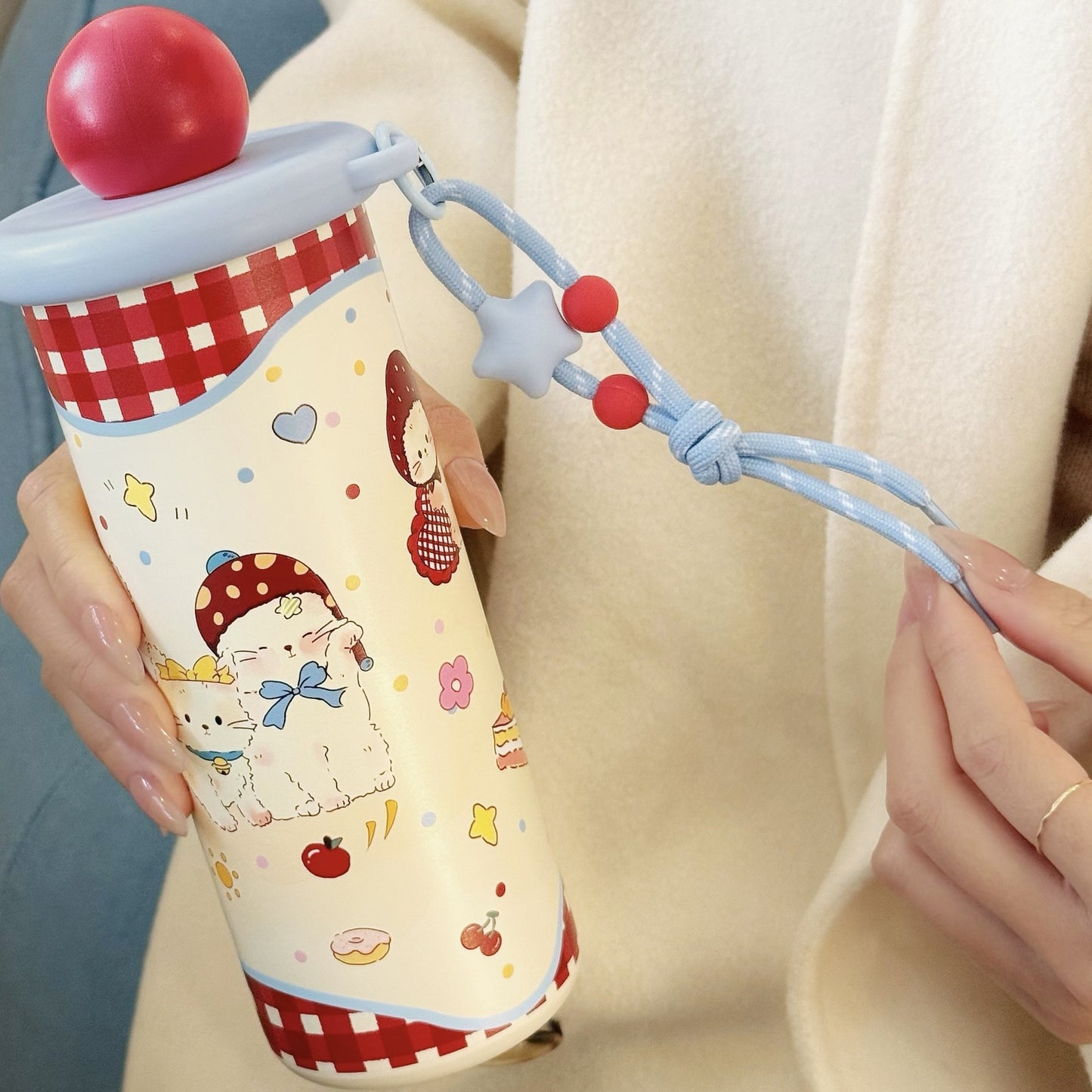 Damen Isolier-Trinkflasche mit praktischem Trageband und niedlichem Tiermotiv Brehn