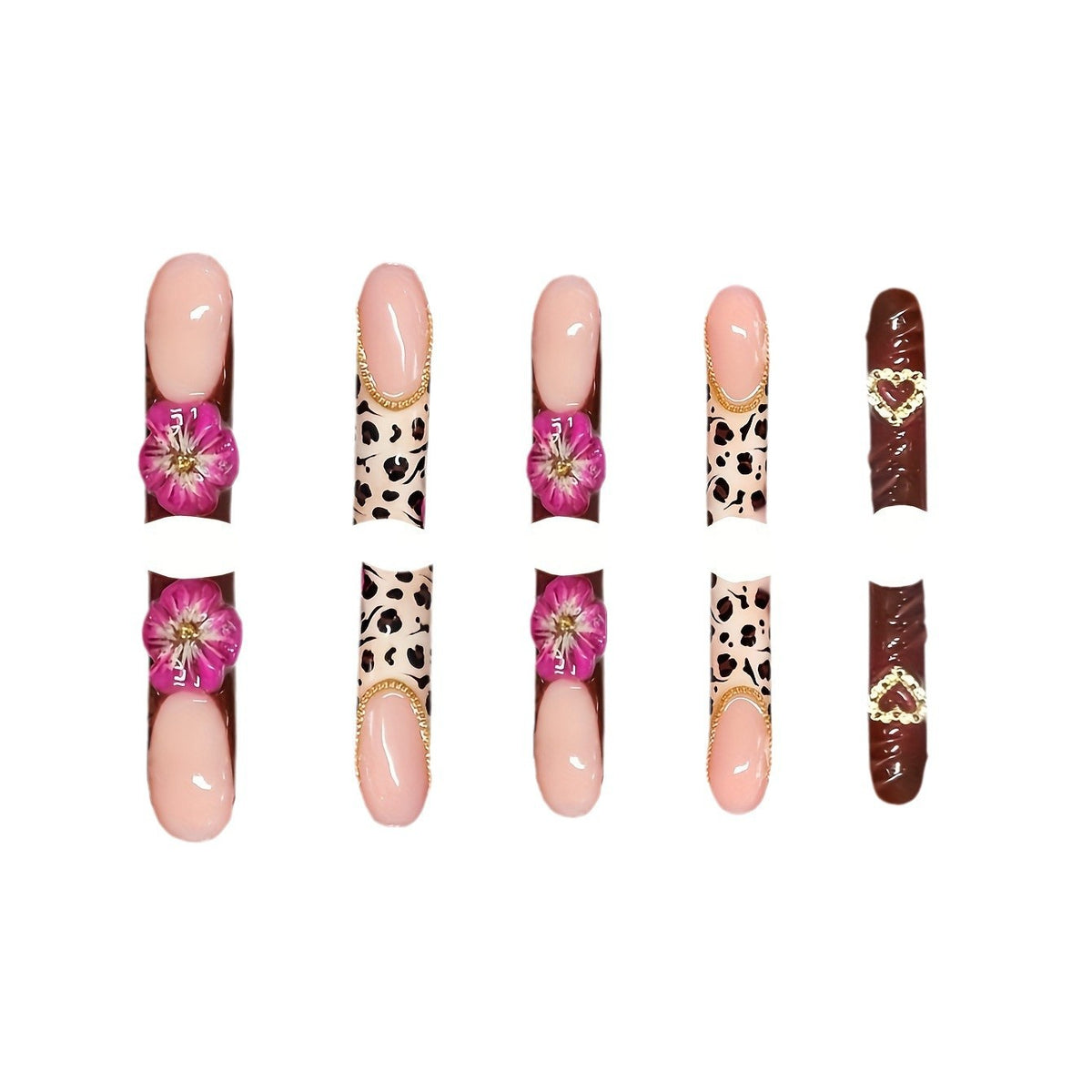 Dekorative Lange Acryl Drucknagelkunst mit Floral- und Leopardenmustern Brehn