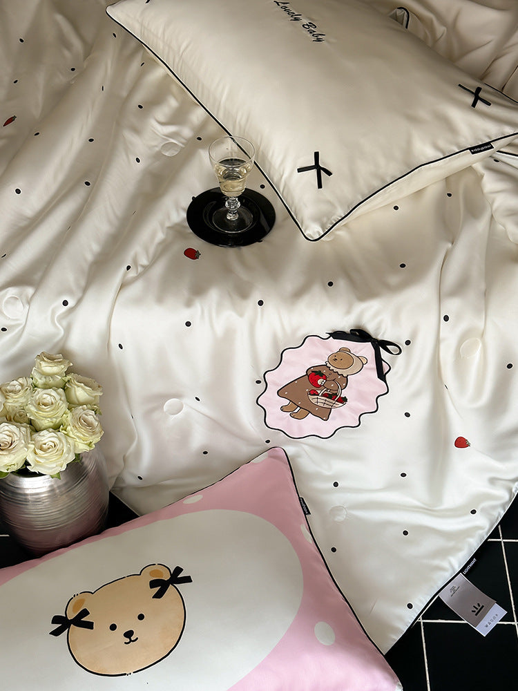 Bettwäsche-Set aus hautfreundlichem Baumwollsatin mit gesticktem Hasenmotiv & Punktdessin