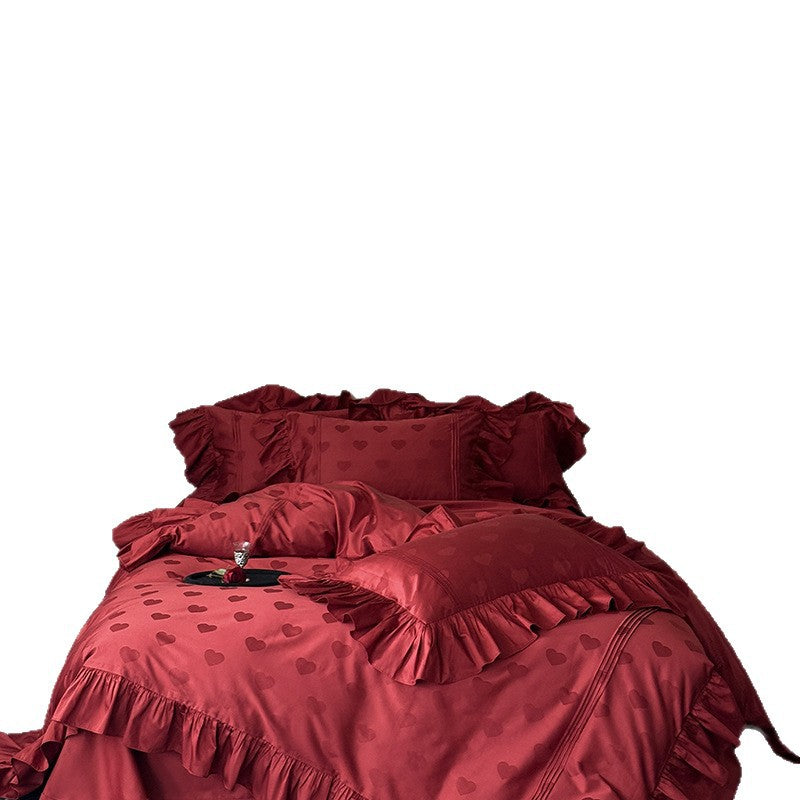 Luxuriöse Satin-Bettwäschegarnitur mit Herz-Jacquard, Volant-Rüschen und Hotelverschluss Brehn