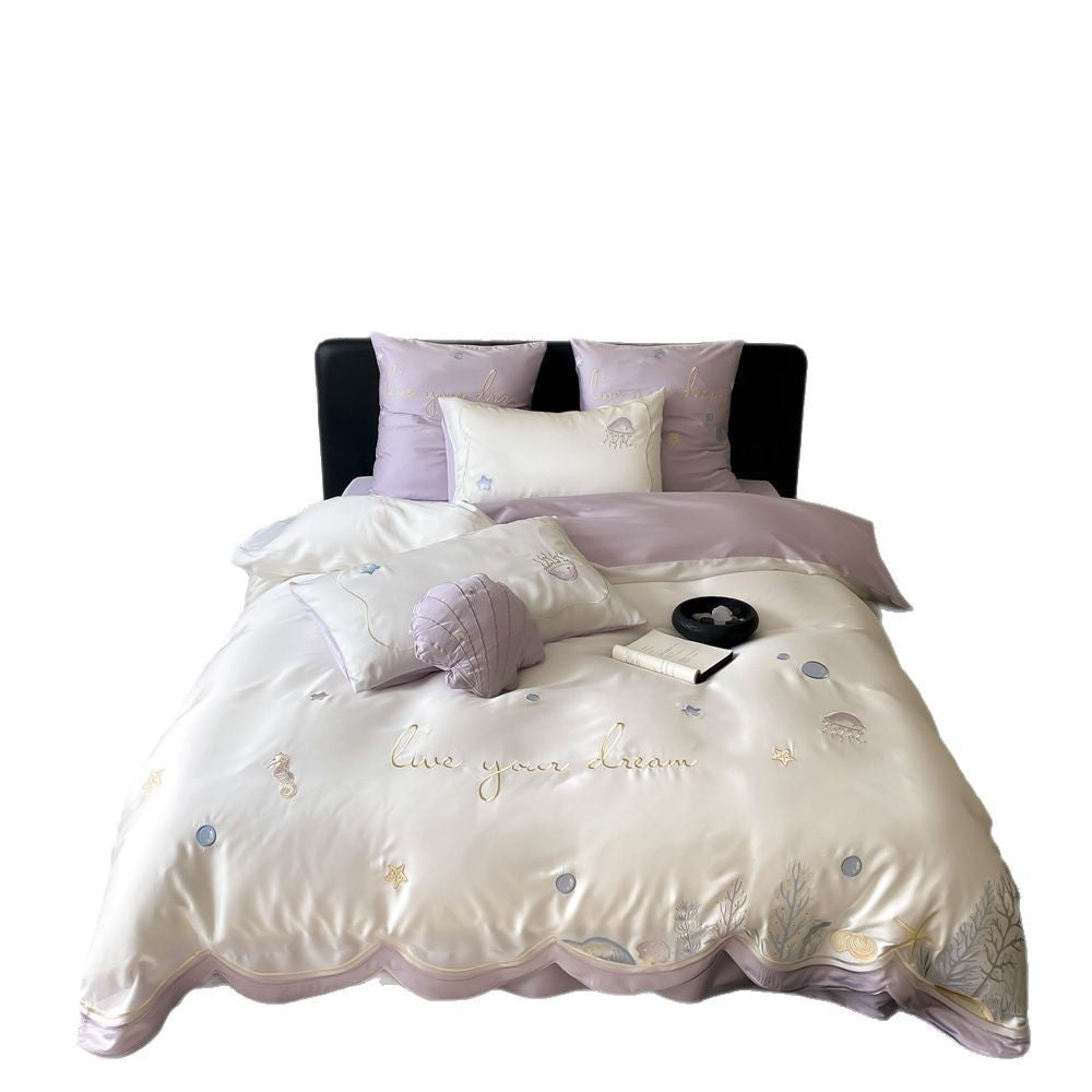 Bestickte Satin-Feeling Ozean-Motiv Bettbezug Set
