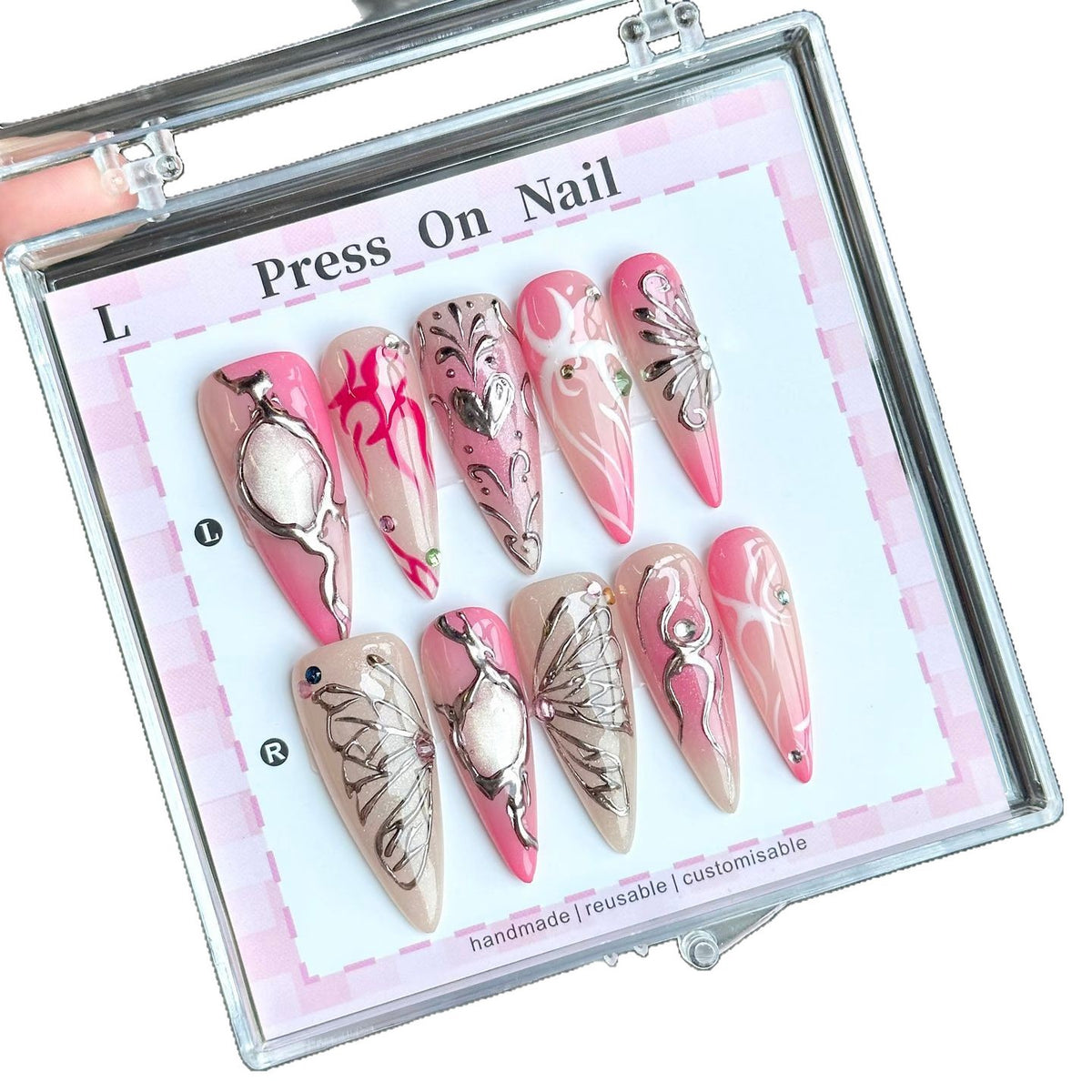 Künstlerisches Press-On-Nagelset mit Schmetterlings- und Blumenakzenten