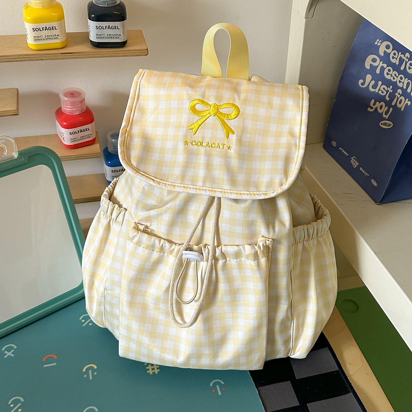 Charmanter Kariert Zugbeutel-Schul-Rucksack