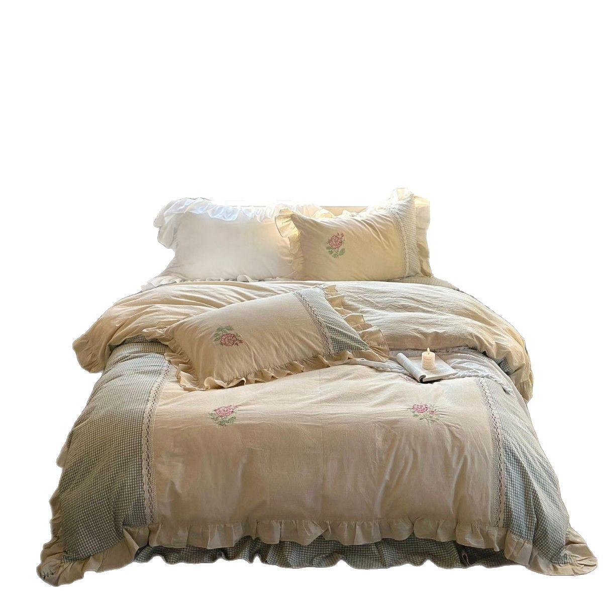 Bettwäsche-Set aus Leinen-Baumwoll-Mischgewebe mit Rüschen, Spitzenbesatz und Blumstickerei