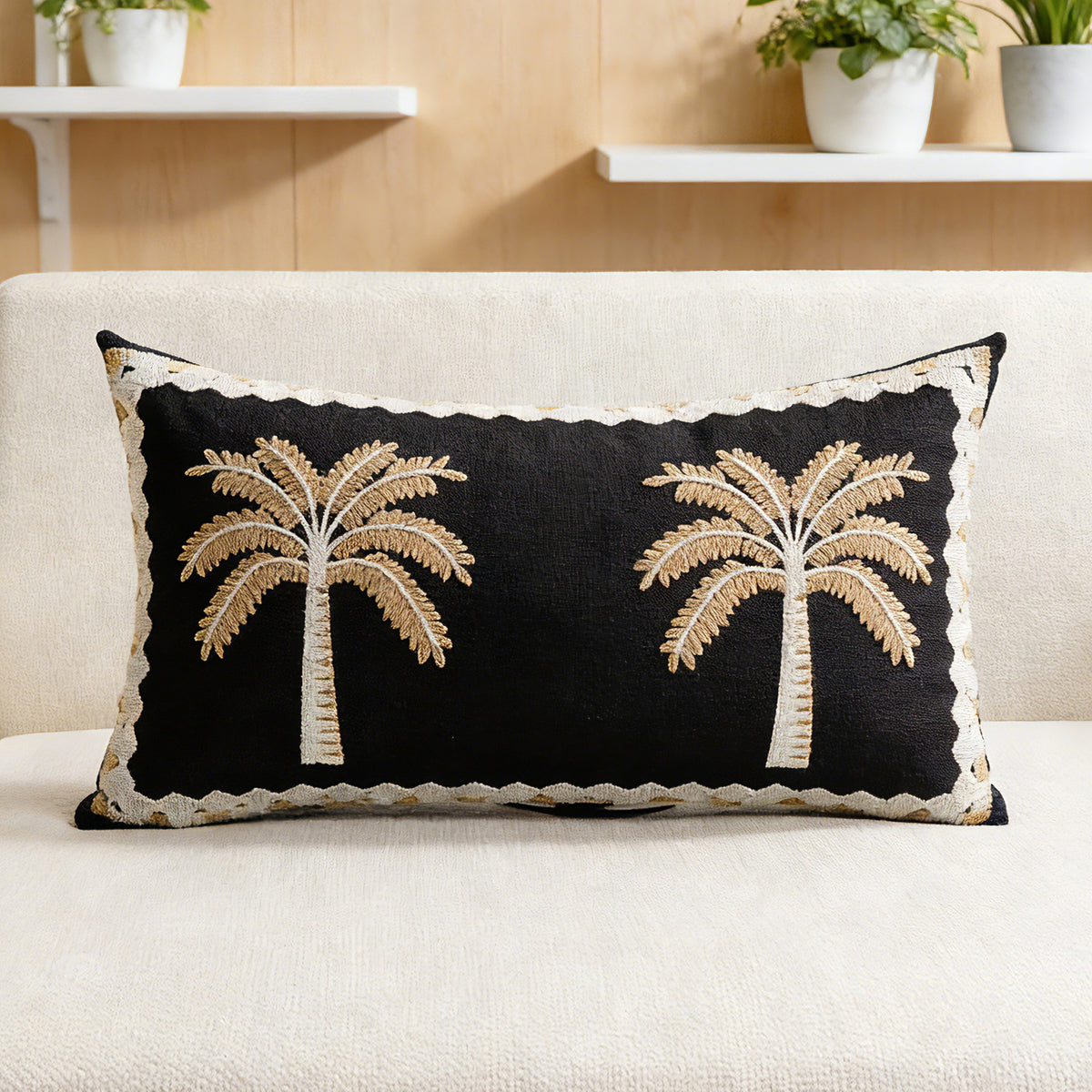 Besticktes Palm-Leinen Dekoratives Wurfkissen