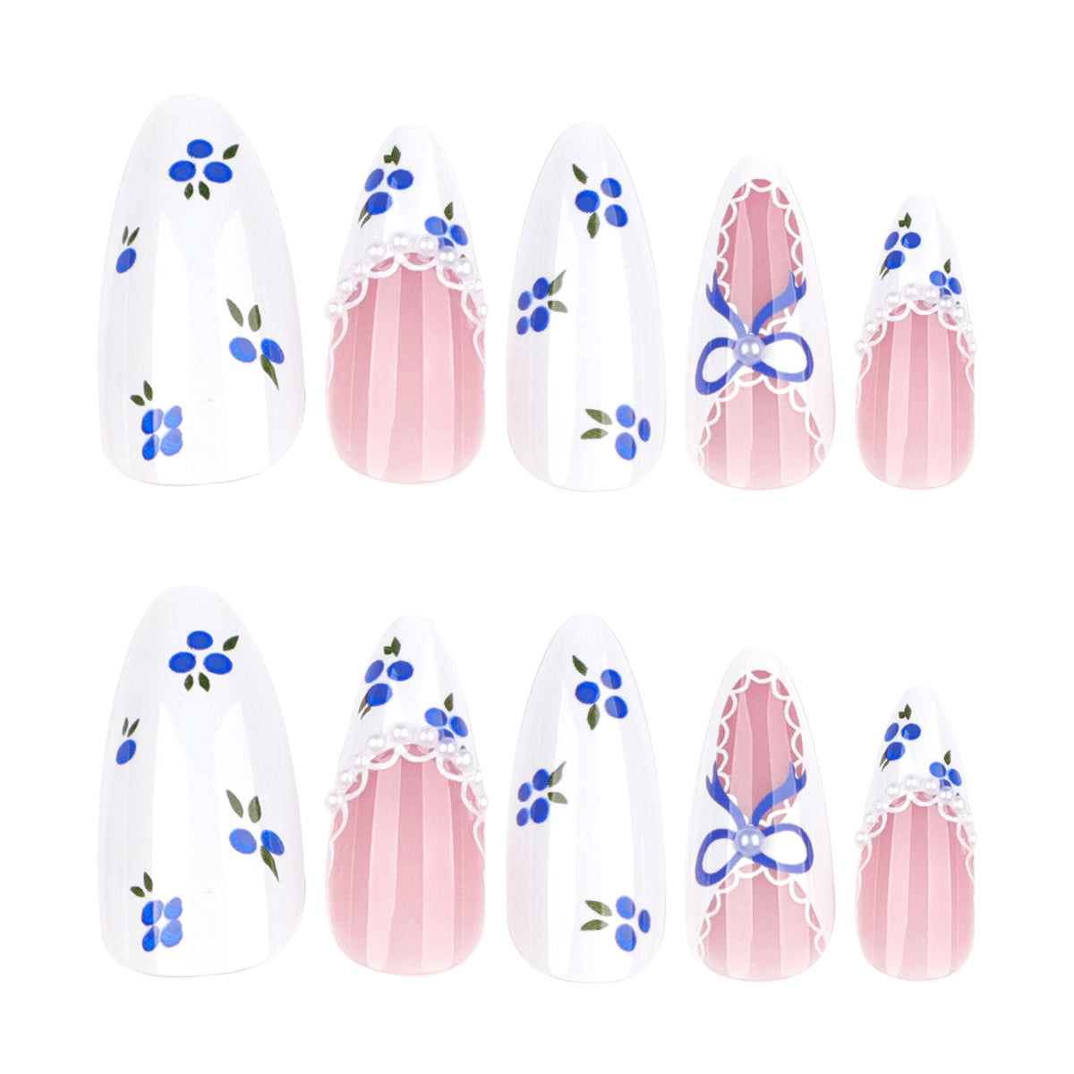 Kunstvolle Nagelkunst mit floralen Akzenten und Schleifenverzierung Brehn
