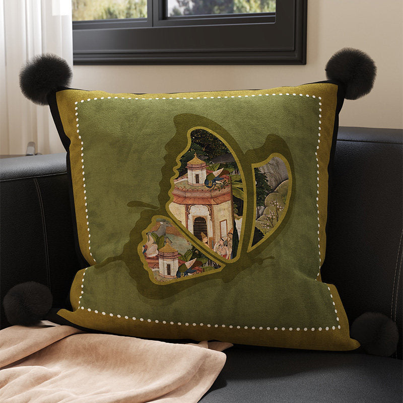 Decorative Velvet Throw Pillow Cover with Cat Silhouette and Corner Pom-Poms