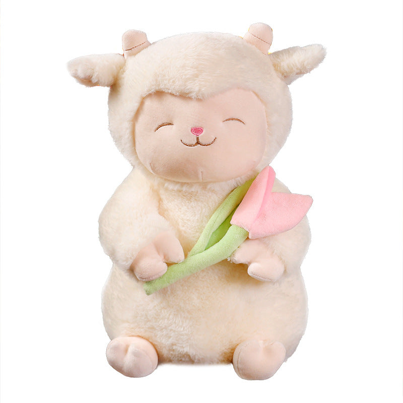 Sitzendes Lamm Plüsch Kuschelpuppe mit gewichtetem umarmbarem Kern und abnehmbarem Tulpenzubehör Brehn