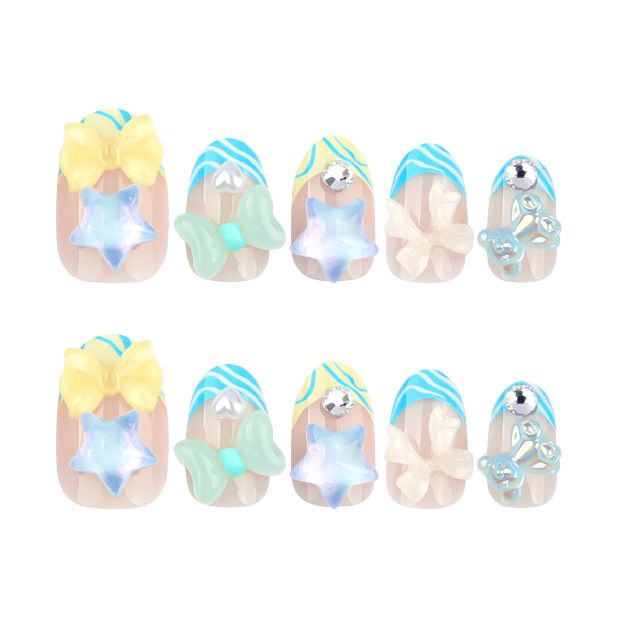 Künstliche Nagelkunst mit bunten Pastellmotiven und 3D-Verzierungen Brehn