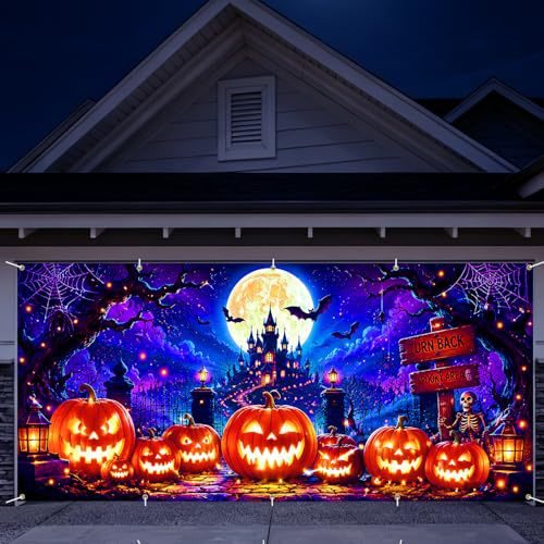 Großformatiger Halloween-Fotohintergrund aus wetterfestem Polyester mit geöstem Befestigungsrand und leuchtendem Haunted-House-Motiv