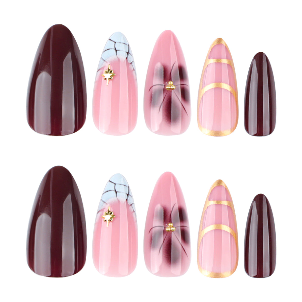 Kunstvolle Stiletto-Nägel mit Goldakzenten und dekorativen Blumenmotiven Brehn