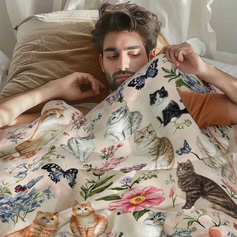 Floral Cat Print Fleece Decke