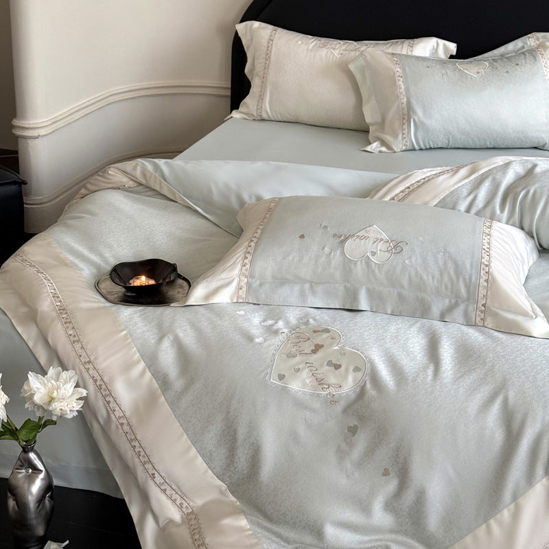 Bestickte Satinbesatz Baumwollsatin Bettbezug Set mit dekorativem Bolster