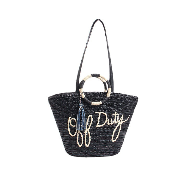 Designer Basttasche mit Verspieltem Schriftzug und Dekorativem Tassel Brehn