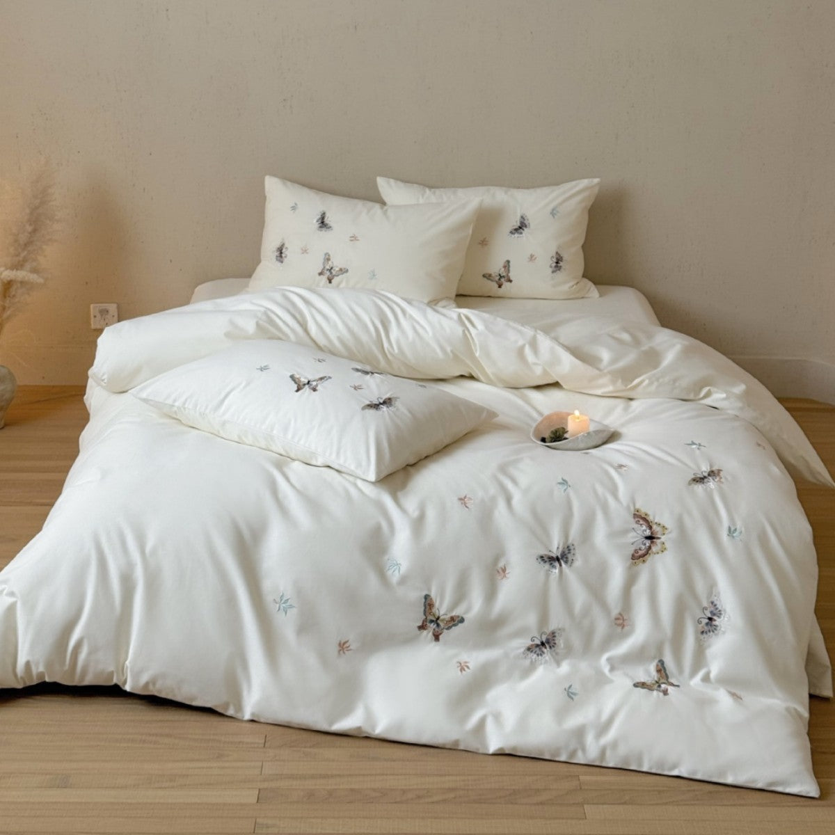 Bestickte Schmetterling Baumwollperkal Bettbezug Set mit Kissenbezügen