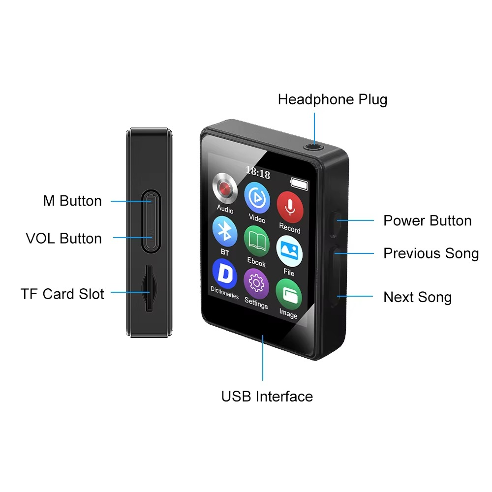 Tragbarer Bluetooth-MP3-Player mit HiFi-Stereoanlage, Mini-MP4-Videowiedergabe, LED-Bildschirm und Sprachaufzeichnung