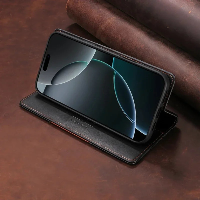 Brehn | RFID Leder iPhone 16/15 Magnetische Klapphülle Geldbörse Case