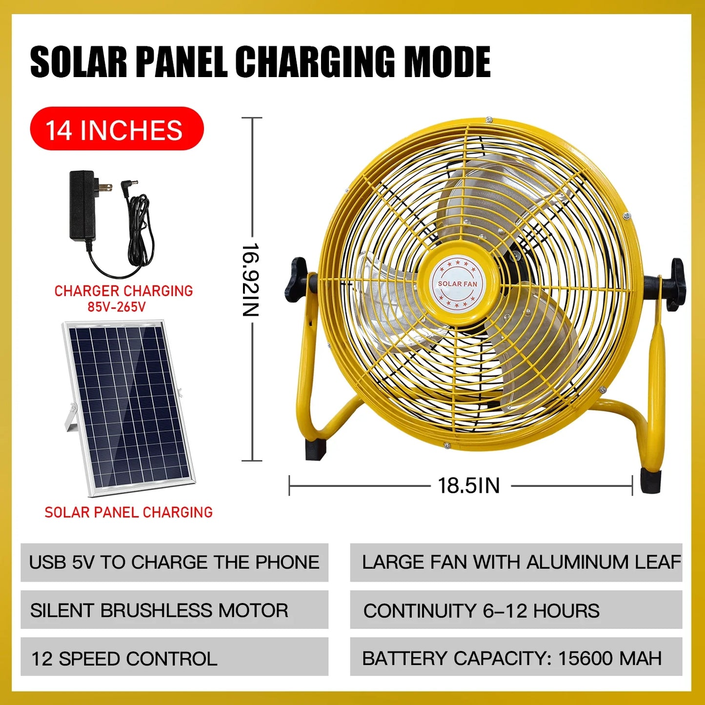 214-Zoll Tragbarer Wiederaufladbarer Tischventilator – Solar- und AC-betriebene Dual-Input für Zuhause, Camping und Angeln | Brehn
