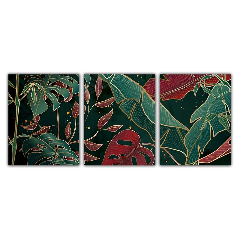 Moderne abstrakte tropische Botanik Wandkunst Fine Art Leinwanddrucke Rote grüne Palmenblätter Poster Bilder für Wohnzimmer Hotelzimmer Dekoration | Brehn