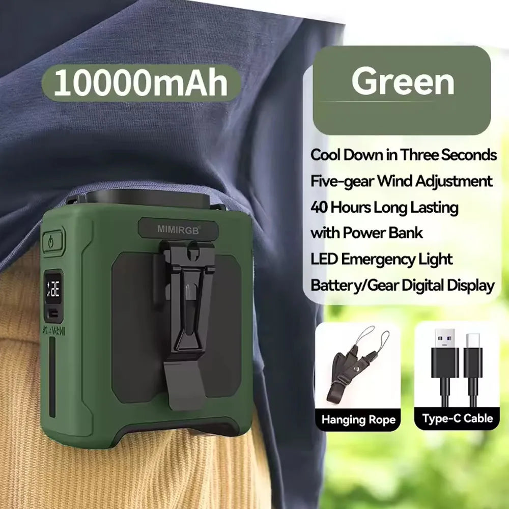 10000mAh Taillenklem Ventilator mit Power Bank – Tragbarer Freisprech-Akku Ventilator | 5-Geschwindigkeits-Kühlung, Batteriestatusanzeige, USB-Ladung, Tragbarer Ventilator für den Außenbereich | Brehn