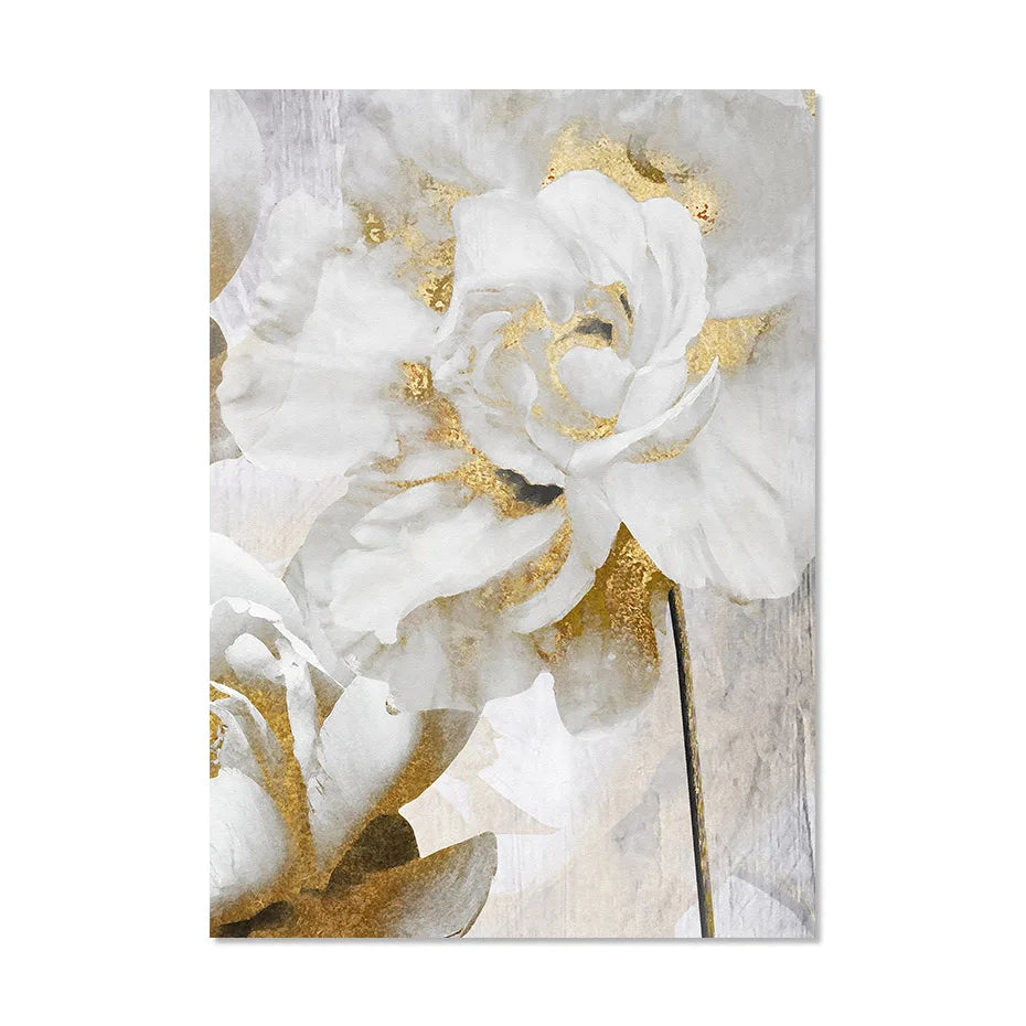 Opulente Blüten Elegante Weiße Blumen mit Goldakzenten Leinwand Wandkunst Feine Kunstleinwand Drucke Poster Florale Bilder Für Modernes Wohnzimmer | Brehn