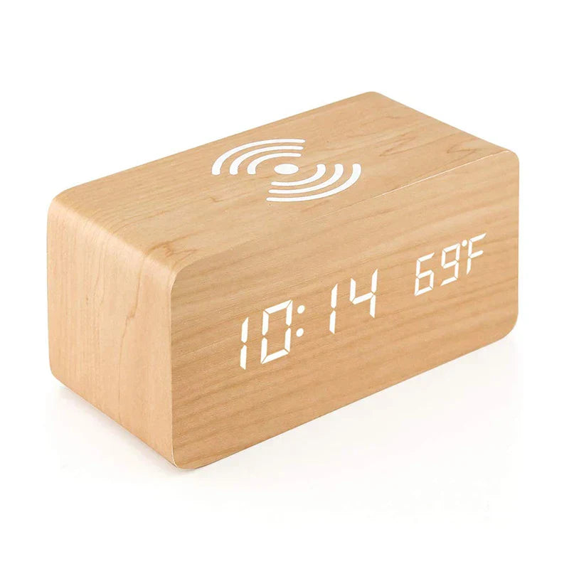 Minimalistischer LED Holz-Wecker mit Temperaturanzeige, kabelloser Ladefunktion und digitaler Zeitanzeige – Ideal für Schlafzimmer und Büro | Brehn