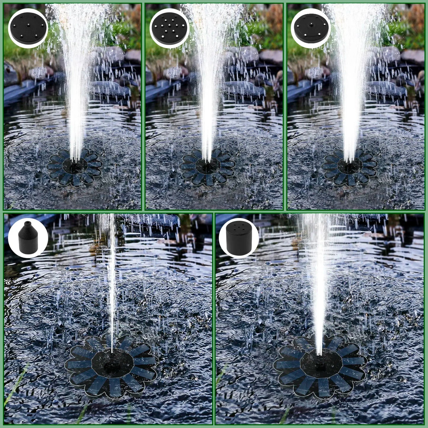 Brehn | Solar Spring Gartenbrunnen | 5 Düsenaufsätze | Energiesparend & Wartungsfrei | Für Teich, Vogelbad & Balkon
