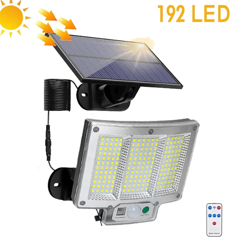 Brehn | Solvalux Solar Wandleuchte mit Bewegungsmelder | 192 LEDs | Abnehmbares Solarpanel mit 5 m Kabel | 4 Modi & Fernbedienung | IP65 Wasserdicht